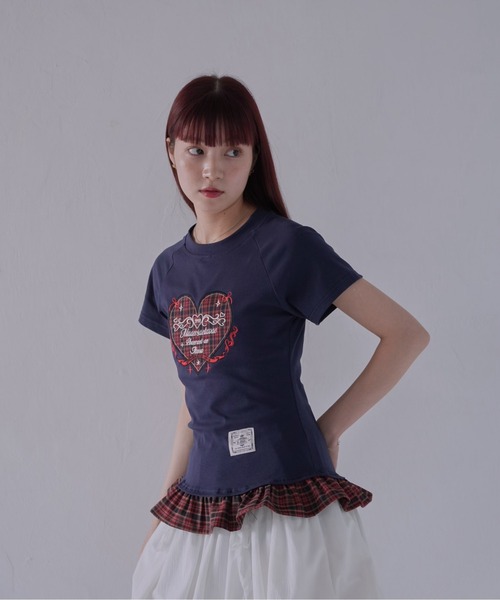 Uenui（ウニュイ）の「【 cunii 】 チェックハートフリルTシャツ（Tシャツ/カットソー・レディース・ネイビー/グレー・FREE）」の15枚目の写真