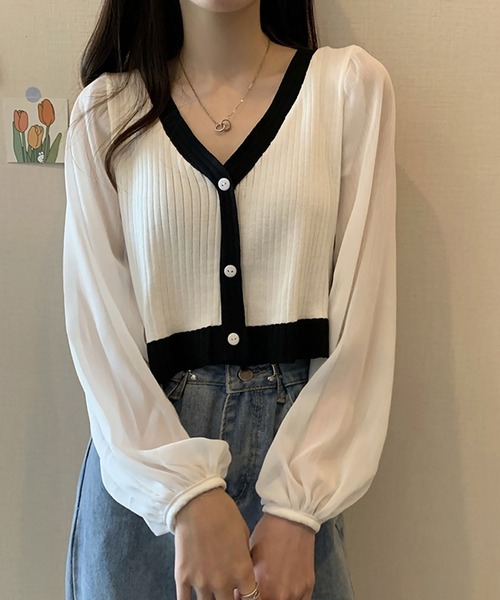 Asterellivi(アステレリビ)の「シフォン袖ニットカーディガン(シャツ/ブラウス・レディース・ベージュ/ホワイト/ブラック・FREE)」の1枚目の写真
