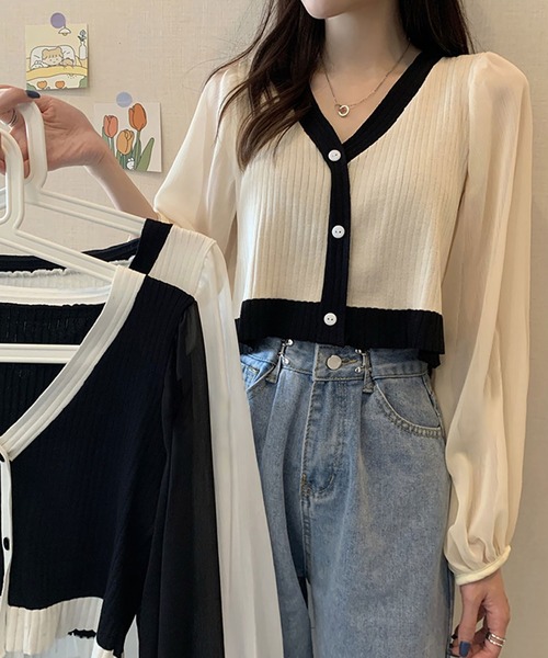 Asterellivi(アステレリビ)の「シフォン袖ニットカーディガン(シャツ/ブラウス・レディース・ベージュ/ホワイト/ブラック・FREE)」の5枚目の写真
