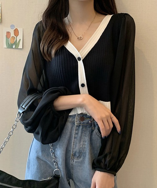 Asterellivi(アステレリビ)の「シフォン袖ニットカーディガン(シャツ/ブラウス・レディース・ベージュ/ホワイト/ブラック・FREE)」の6枚目の写真