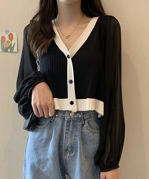 Asterellivi(アステレリビ)の「シフォン袖ニットカーディガン(シャツ/ブラウス・レディース・ベージュ/ホワイト/ブラック・FREE)」の7枚目の写真