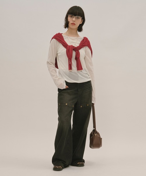 loin nuit(ロワンニュイ)の「sheer color scheme cardigan / シアーカラースキームカーディガン(カーディガン/ボレロ・レディース・レッド/ネイビー/グレー・FREE)」の7枚目の写真