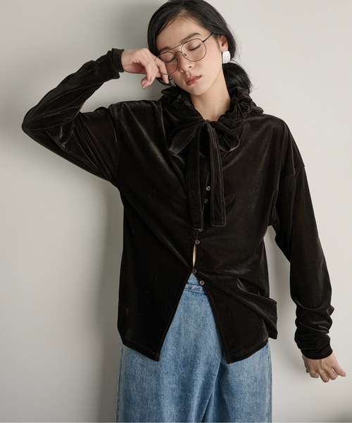 THE YOn（ザヨン）の「ベロアフーディーカーディガン（Tシャツ/カットソー・レディース・ピンク/キャメル/オートミール/ダークブラウン・FREE）」の17枚目の写真