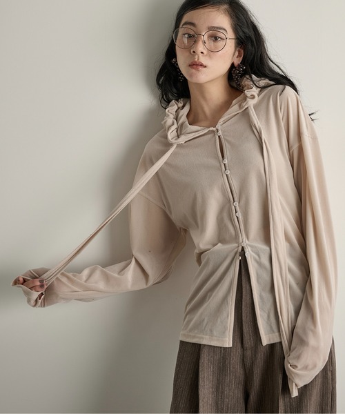 THE YOn（ザヨン）の「ベロアフーディーカーディガン（Tシャツ/カットソー・レディース・ピンク/キャメル/オートミール/ダークブラウン・FREE）」の5枚目の写真