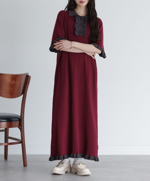 somari imagination（ソマリ イマジネーション）の「『配色ニットポロワンピース』（ワンピース・レディース・ブラック/ボルドー・1/2）」の3枚目の写真