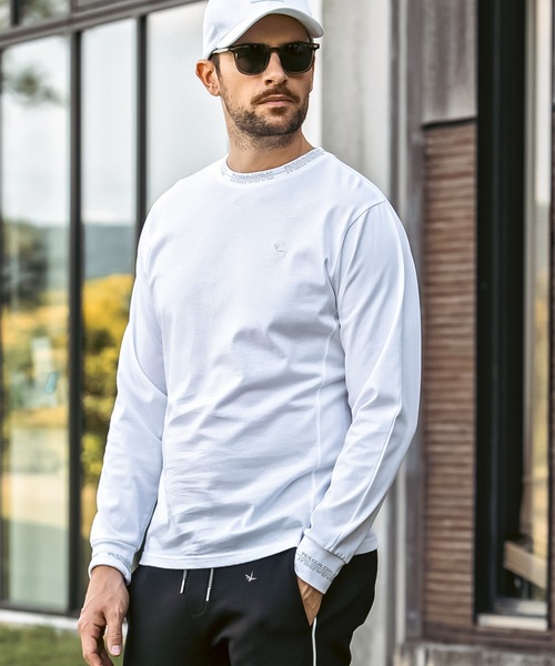 1PIU1UGUALE3  RELAX （ウノピゥウノウグァーレトレ リラックス）の「1PIU1UGUALE3 RELAX(ウノピゥウノウグァーレトレ リラックス)ネックライン ダブルロゴ スマートシルエット シルケット生地 長袖Tシャツ ロングTシャツ（Tシャツ/カットソー・メンズ・カーキ/ブラック/ホワイト・XXL/S/M/L/XL）」の4枚目の写真