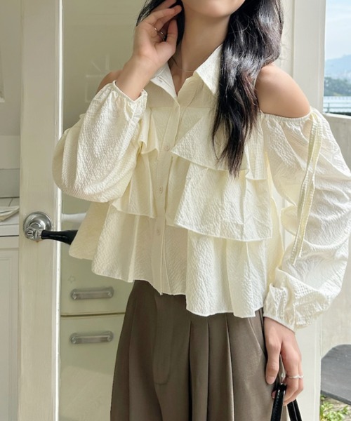 セール】オープンショルダー ティアード 長袖 シャツ ブラウス（シャツ