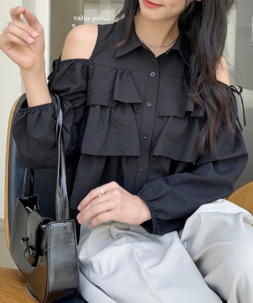 セール】オープンショルダー ティアード 長袖 シャツ ブラウス（シャツ