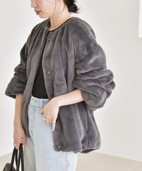 セール】quaranciel: フェイクファー ノーカラー ショート ジャケット