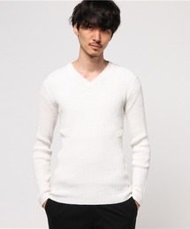 LOOP糸ニット 2重ウス風 リブ編み Vネックニット