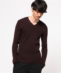 LOOP糸ニット 2重ウス風 リブ編み Vネックニット