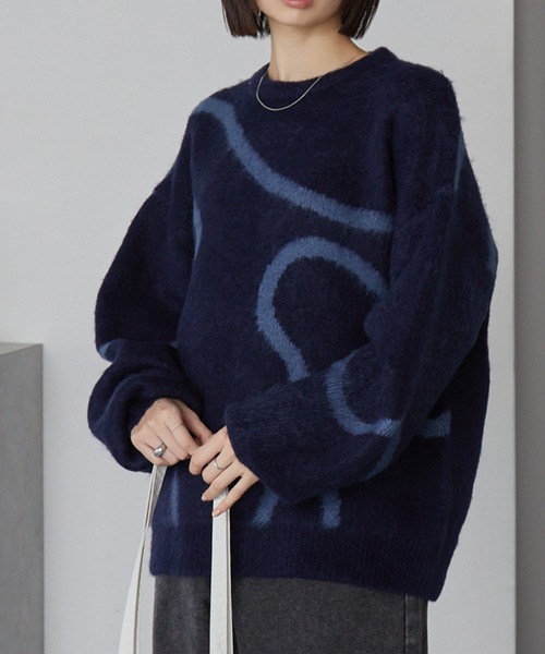 セール】モヘアタッチ エンブロイダリー柄 オーバーサイズ クルー