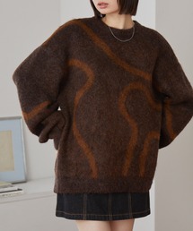 モヘアタッチ エンブロイダリー柄 オーバーサイズ クルーネックニット