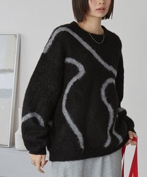 モヘアタッチ エンブロイダリー柄 オーバーサイズ クルーネックニット