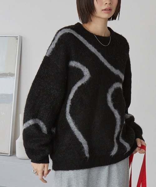 セール】モヘアタッチ エンブロイダリー柄 オーバーサイズ クルー