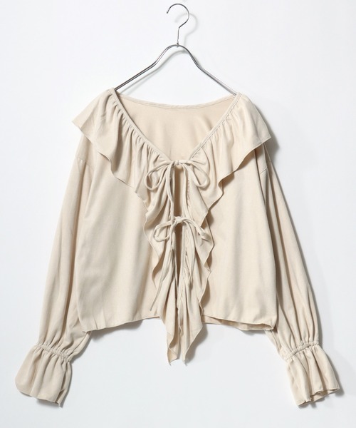 Salong hameu(サロン ハミュー)の「ラッフルフリル襟 ダブルリボン カットスエードブラウス レディース/長袖シャツ/ボレロ(シャツ/ブラウス・レディース・チャコールグレー/ベージュ/ブラウン・M/L)」の4枚目の写真