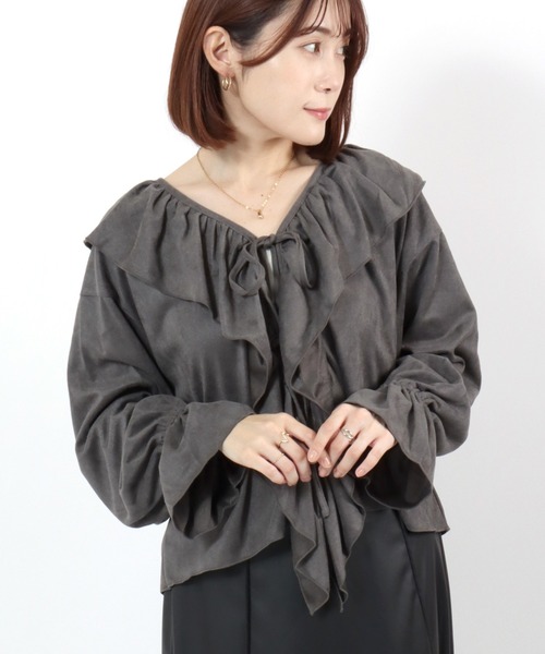 Salong hameu(サロン ハミュー)の「ラッフルフリル襟 ダブルリボン カットスエードブラウス レディース/長袖シャツ/ボレロ(シャツ/ブラウス・レディース・チャコールグレー/ベージュ/ブラウン・M/L)」の22枚目の写真