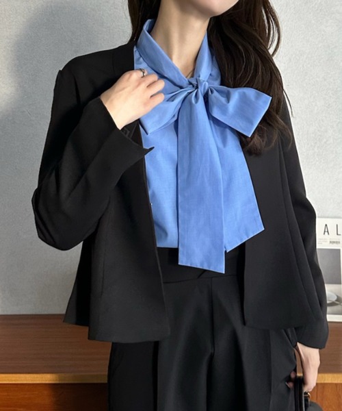 Eclat one（エクラワン）の「【Eclat one】オケージョンセットアップ対応 Vネック ノーカラージャケット（ノーカラージャケット・レディース・ベージュ/ブラック・FREE）」の2枚目の写真