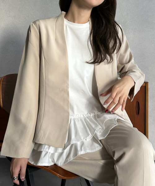 Eclat one（エクラワン）の「【Eclat one】オケージョンセットアップ対応 Vネック ノーカラージャケット（ノーカラージャケット・レディース・ベージュ/ブラック・FREE）」の7枚目の写真