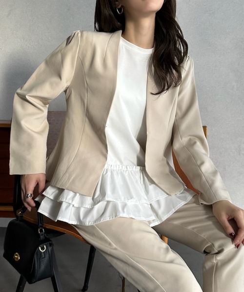 Eclat one（エクラワン）の「【Eclat one】オケージョンセットアップ対応 Vネック ノーカラージャケット（ノーカラージャケット・レディース・ベージュ/ブラック・FREE）」の13枚目の写真