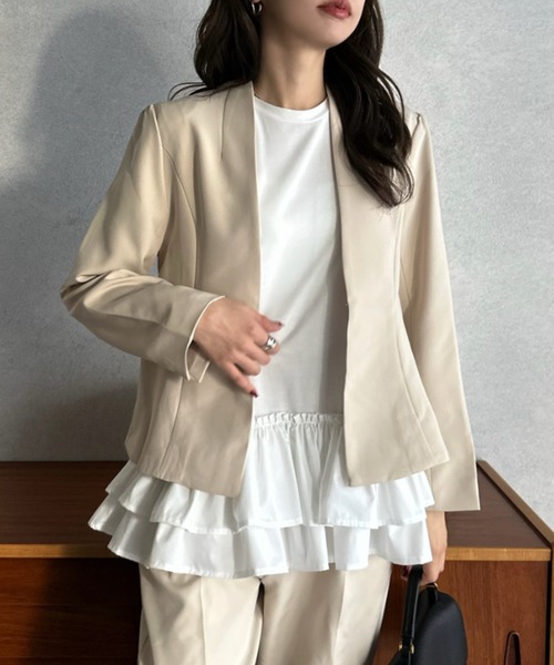 Eclat one（エクラワン）の「【Eclat one】オケージョンセットアップ対応 Vネック ノーカラージャケット（ノーカラージャケット・レディース・ベージュ/ブラック・FREE）」の14枚目の写真