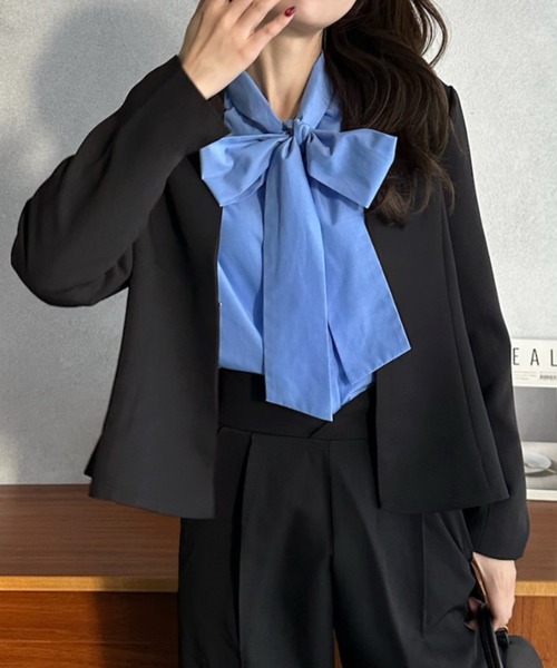 Eclat one（エクラワン）の「【Eclat one】オケージョンセットアップ対応 Vネック ノーカラージャケット（ノーカラージャケット・レディース・ベージュ/ブラック・FREE）」の16枚目の写真