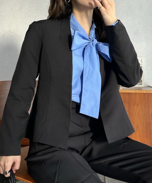 Eclat one（エクラワン）の「【Eclat one】オケージョンセットアップ対応 Vネック ノーカラージャケット（ノーカラージャケット・レディース・ベージュ/ブラック・FREE）」の18枚目の写真