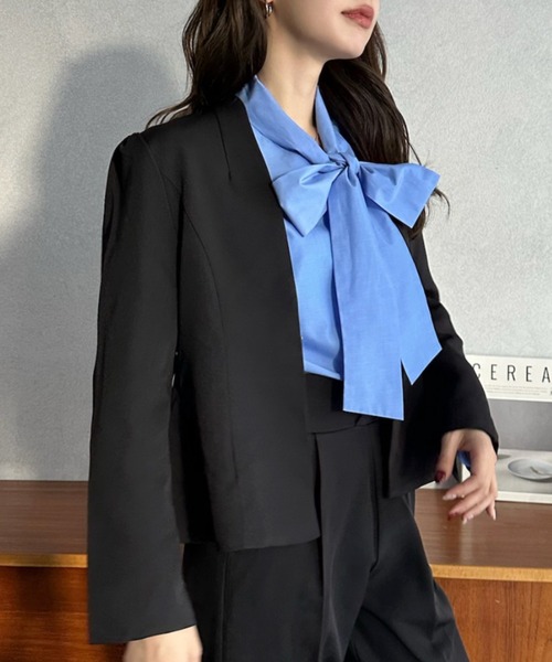 Eclat one（エクラワン）の「【Eclat one】オケージョンセットアップ対応 Vネック ノーカラージャケット（ノーカラージャケット・レディース・ベージュ/ブラック・FREE）」の9枚目の写真