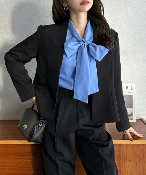 Eclat one（エクラワン）の「【Eclat one】オケージョンセットアップ対応 Vネック ノーカラージャケット（ノーカラージャケット・レディース・ベージュ/ブラック・FREE）」の8枚目の写真