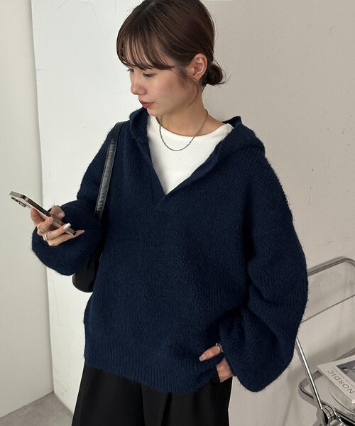 ユニセックス】畦編みフード付きシャギーニット（ニット/セーター