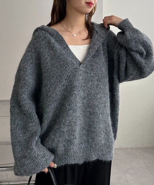 ユニセックス】畦編みフード付きシャギーニット（ニット/セーター