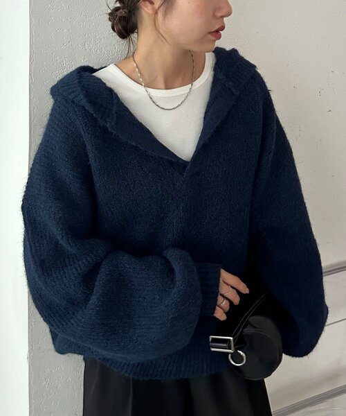 ユニセックス】畦編みフード付きシャギーニット（ニット/セーター