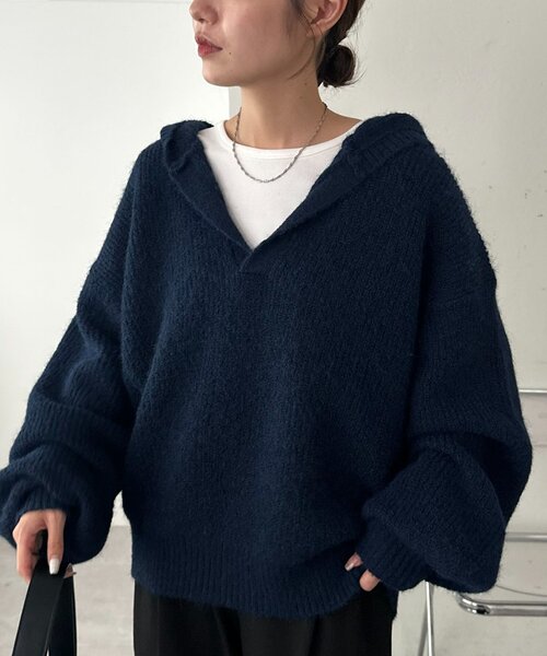 DISCOAT(ディスコート)の「【ユニセックス】畦編みフード付きシャギーニット(ニット/セーター・レディース・ベージュ/ダークグレー/ネイビー・FREE)」の9枚目の写真