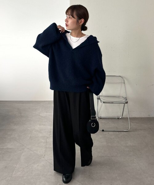 ユニセックス】畦編みフード付きシャギーニット（ニット/セーター