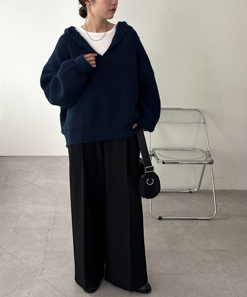 DISCOAT(ディスコート)の「【ユニセックス】畦編みフード付きシャギーニット(ニット/セーター・レディース・ベージュ/ダークグレー/ネイビー・FREE)」の13枚目の写真