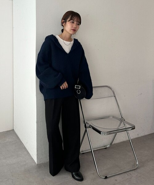 DISCOAT(ディスコート)の「【ユニセックス】畦編みフード付きシャギーニット(ニット/セーター・レディース・ベージュ/ダークグレー/ネイビー・FREE)」の14枚目の写真