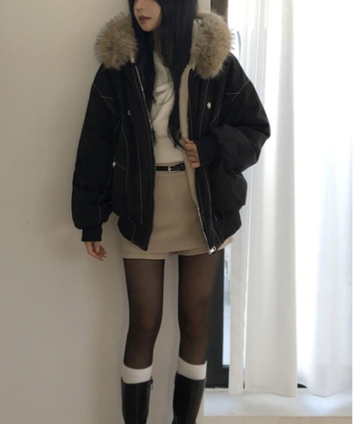 gossip!ロサンゼルス(ゴシップロサンゼルス)の「ボリュームフェイクファーフードブルゾン/あったか裏ボアブルゾン Y2K(ブルゾン・レディース・ブラック/カーキ・M)」の6枚目の写真