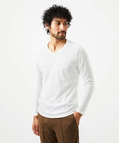 MICHEL KLEIN HOMME (ミッシェルクランオム)の「《日本製》リンクスVネック長袖カットソー(Tシャツ/カットソー・メンズ・ホワイト/ネイビー・MEDIUM/LARGE/X-LARGE)」の1枚目の写真