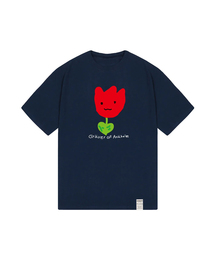 [UNISEX]図面レッドフラワースマイル半袖_ネイビー