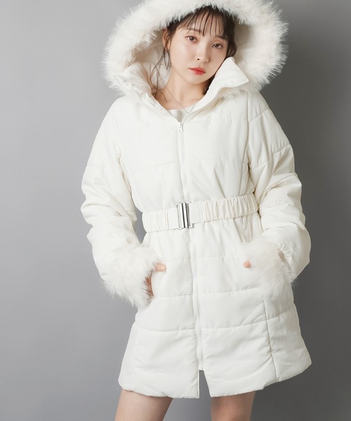  JEANS ホワイト色系 アウター S セール】タイトシルエット中綿 フェイクダウンコート/ベルト付き