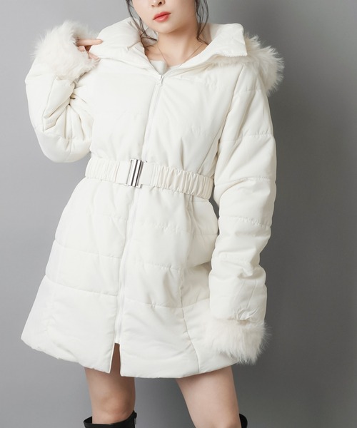セール】タイトシルエット中綿 フェイクダウンコート/ベルト付き
