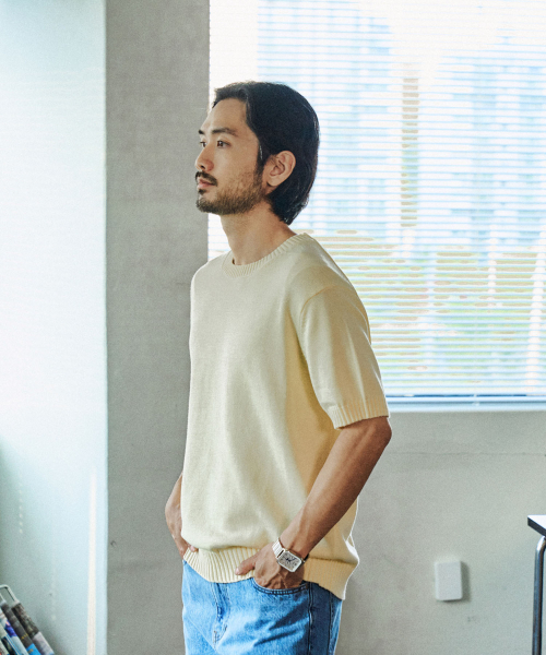 MANNERGRAM（マナーグラム）の「ソフトコットン100 3PLY ラウンド 半袖ニット - 4カラー（Tシャツ/カットソー・メンズ・ダークネイビー/ブラック/アイボリー/グレー・MEDIUM/LARGE/X-LARGE/XX-LARGE）」の10枚目の写真