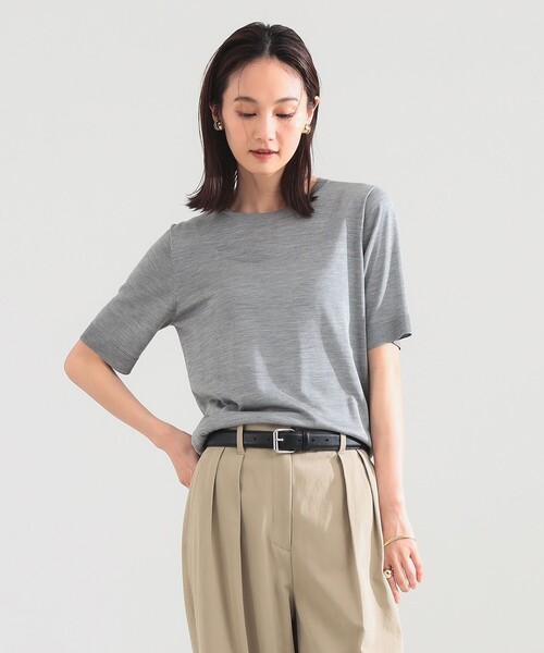 Demi-Luxe BEAMS(デミルクス ビームス)の「シルク ハーフスリーブ プルオーバー(ニット/セーター・レディース・ネイビー/グレー・ONE SIZE)」の1枚目の写真