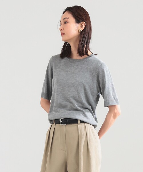 Demi-Luxe BEAMS（デミルクス ビームス）の「【8/6値下げ】シルク ハーフスリーブ プルオーバー（ニット/セーター・レディース・ネイビー/グレー・ONE SIZE）」の3枚目の写真