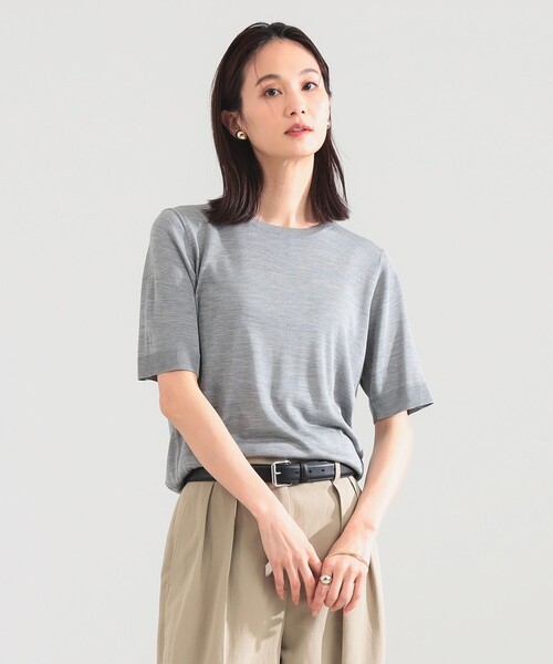 Demi-Luxe BEAMS（デミルクス ビームス）の「【8/6値下げ】シルク ハーフスリーブ プルオーバー（ニット/セーター・レディース・ネイビー/グレー・ONE SIZE）」の4枚目の写真