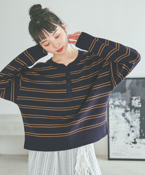 niko and...（ニコアンド）の「鹿の子ヘンリーニットプルオーバー（ニット/セーター・レディース・オフホワイト/ブラック/ネイビー・MEDIUM/LARGE）」の3枚目の写真