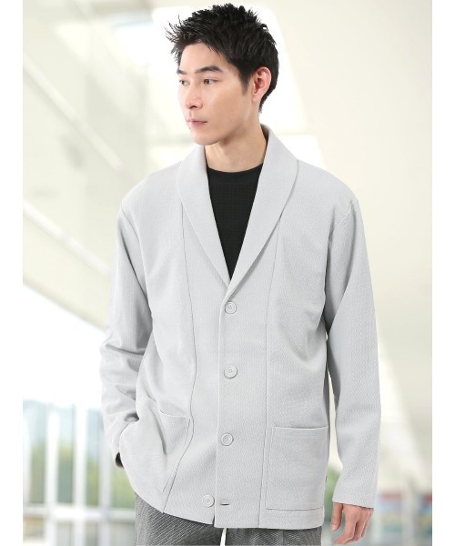 TAKA-Q（タカキュー）の「【イージーケア 羽織り】タカキュー 綿混鹿の子 ショールカーディガン（カーディガン/ボレロ・メンズ・ライトグレー/ネイビー・LARGE/X-LARGE/MEDIUM）」の2枚目の写真