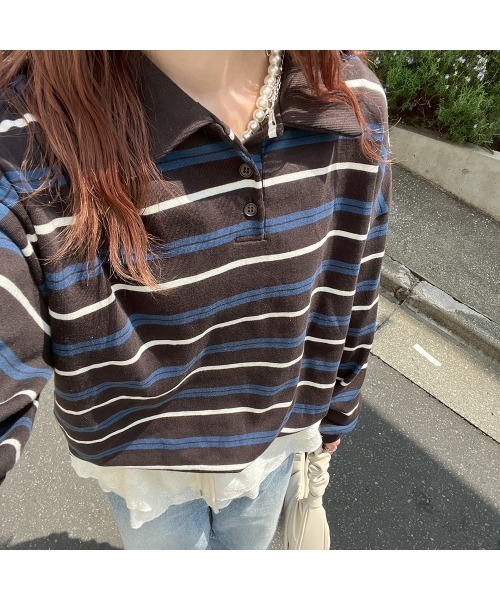 Flugge(フラッジー)の「オーバーサイズボーダーT(Tシャツ/カットソー・レディース・グレー/ブラウン・FREE)」の5枚目の写真