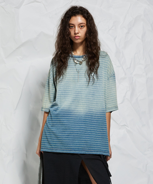 ストライプウォッシングTシャツ_ブルー