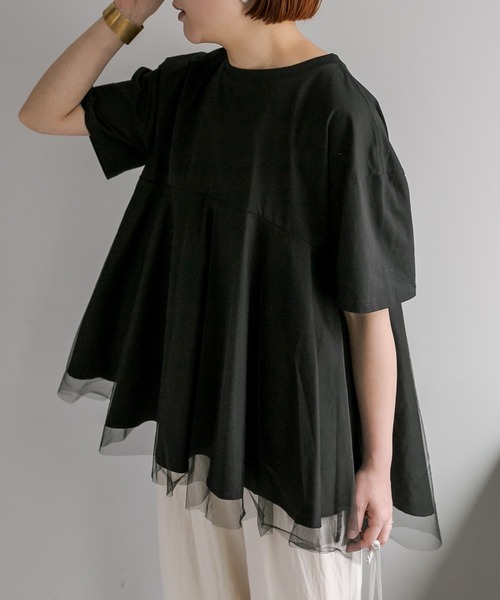 PUAL CE CIN(ピュアルセシン)の「【Du noir】チュールドッキングTシャツ(Tシャツ/カットソー・レディース・ブラック/オフホワイト・FREE)」の2枚目の写真